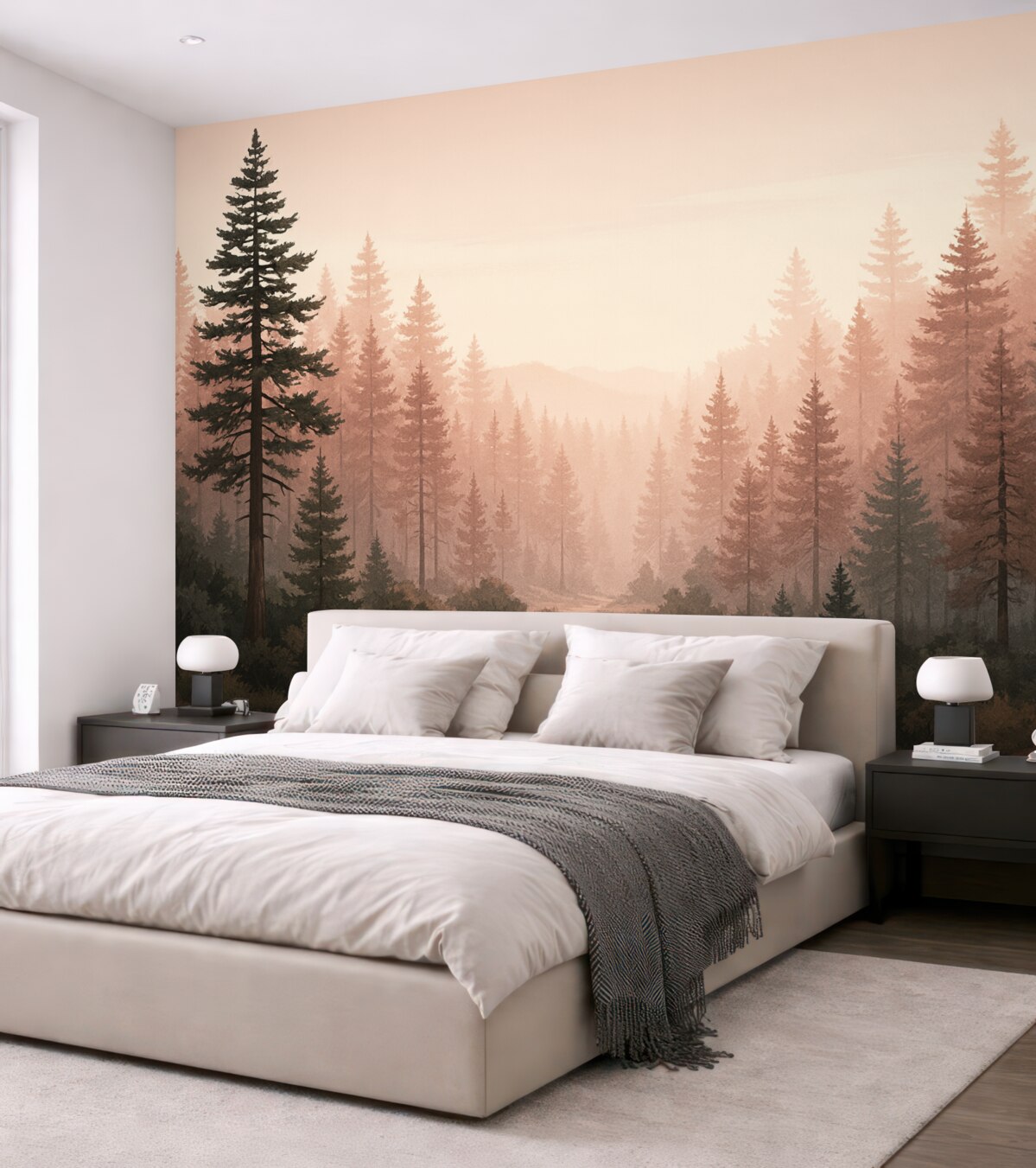 Fototapeta Poranny leśny pejzaż z wysokimi sosnami w ciepłych różowo-brązowych tonacjach, subtelna mgła kreująca radosną atmosferę.