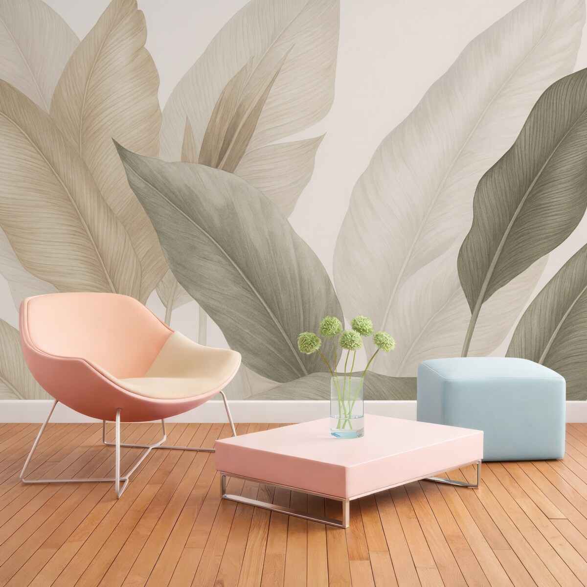 Fototapeta Tropikalne liście w subtelnych tonacjach beżu oraz zieleni, z efektem akwareli i delikatnymi zmianami kolorów.