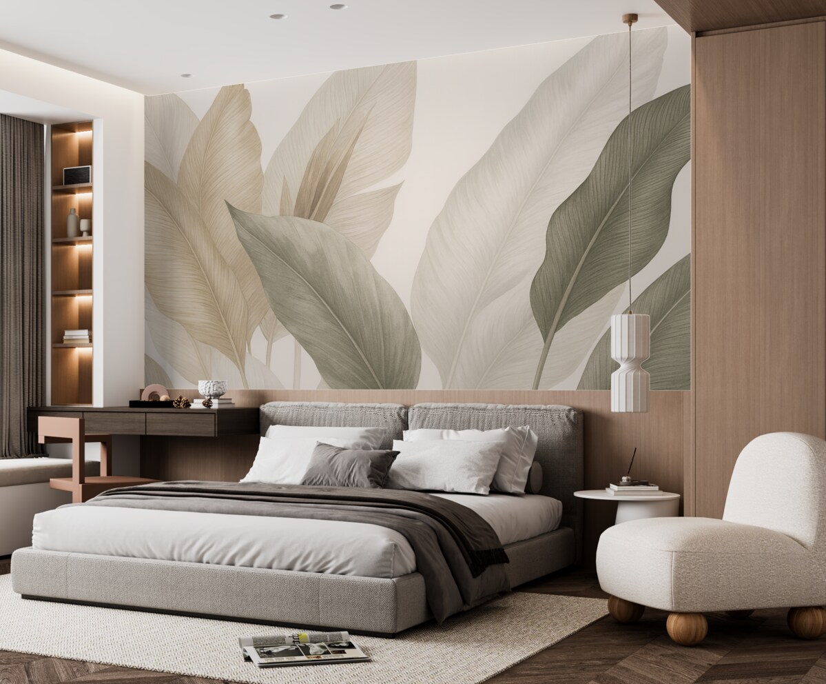 Fototapeta Tropikalne liście w subtelnych tonacjach beżu oraz zieleni, z efektem akwareli i delikatnymi zmianami kolorów.