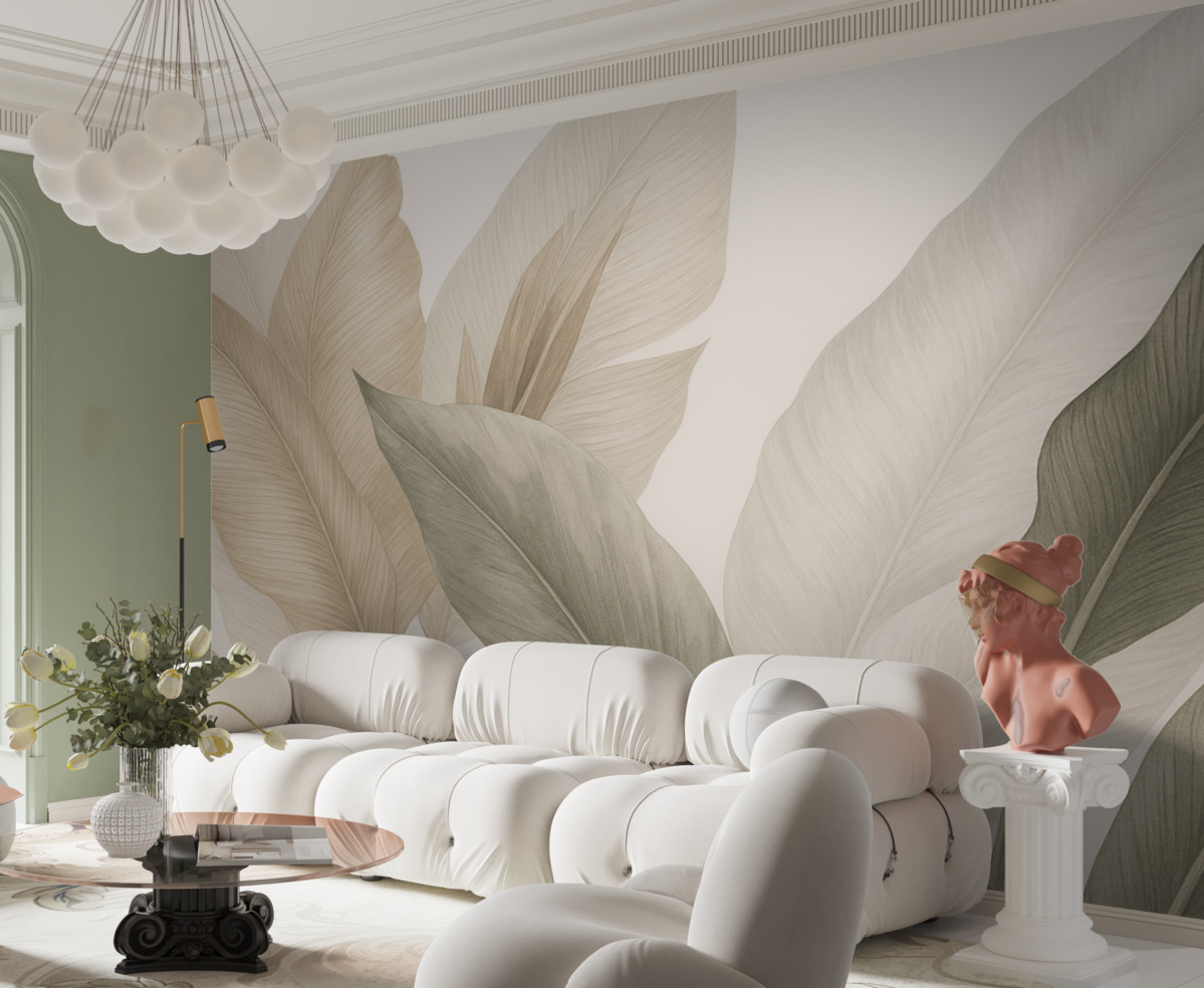 Fototapeta Tropikalne liście w subtelnych tonacjach beżu oraz zieleni, z efektem akwareli i delikatnymi zmianami kolorów.