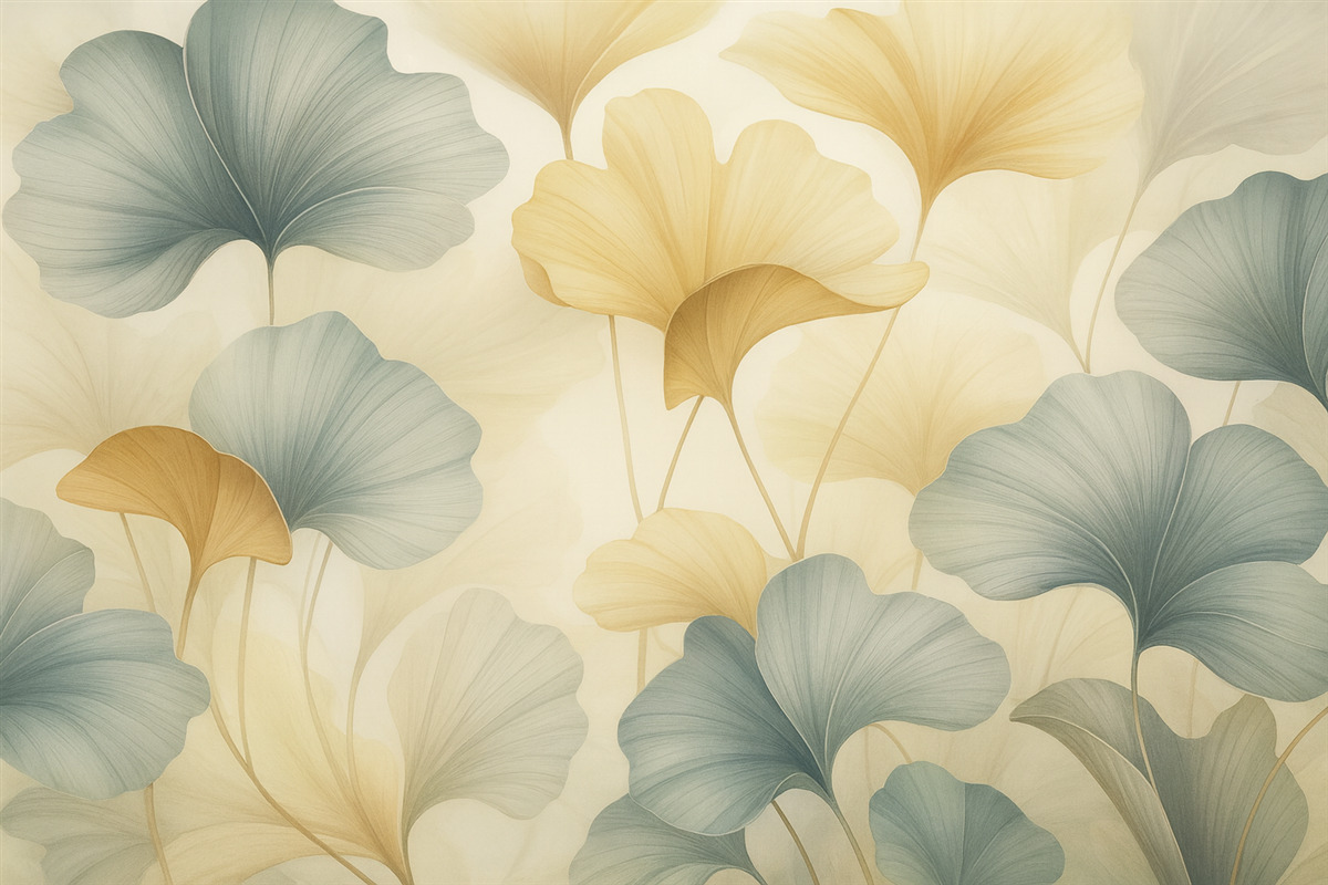 Fototapeta Wzór liści miłorzębu w subtelnych pastelowych tonach, łączących zieleń, złoto i jasny krem, kreując lekką i przewiewną aurę.