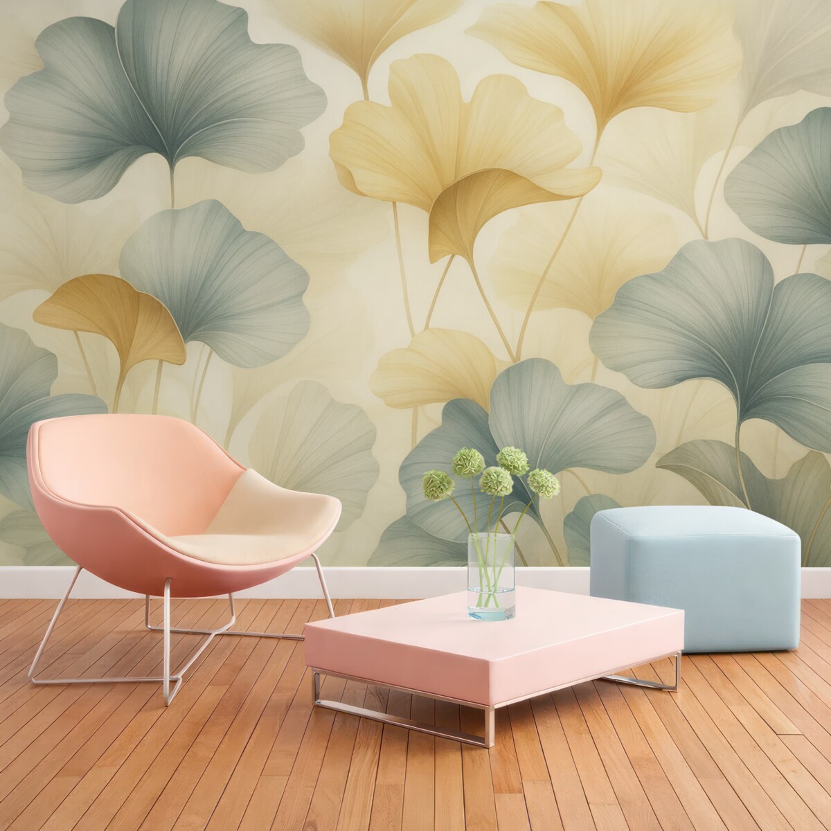 Fototapeta Wzór liści miłorzębu w subtelnych pastelowych tonach, łączących zieleń, złoto i jasny krem, kreując lekką i przewiewną aurę.