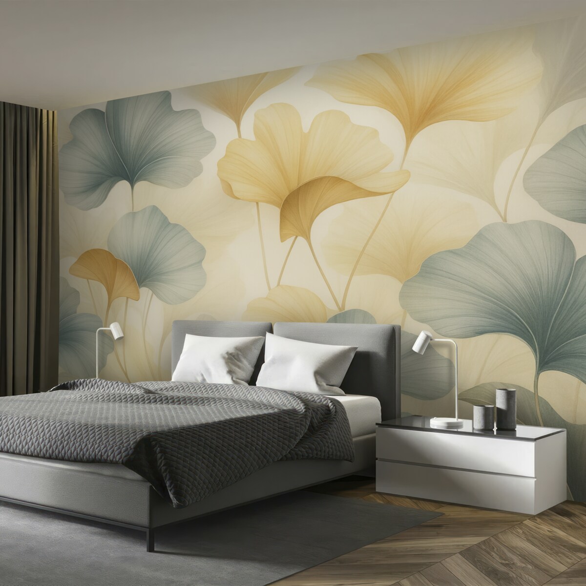 Fototapeta Wzór liści miłorzębu w subtelnych pastelowych tonach, łączących zieleń, złoto i jasny krem, kreując lekką i przewiewną aurę.