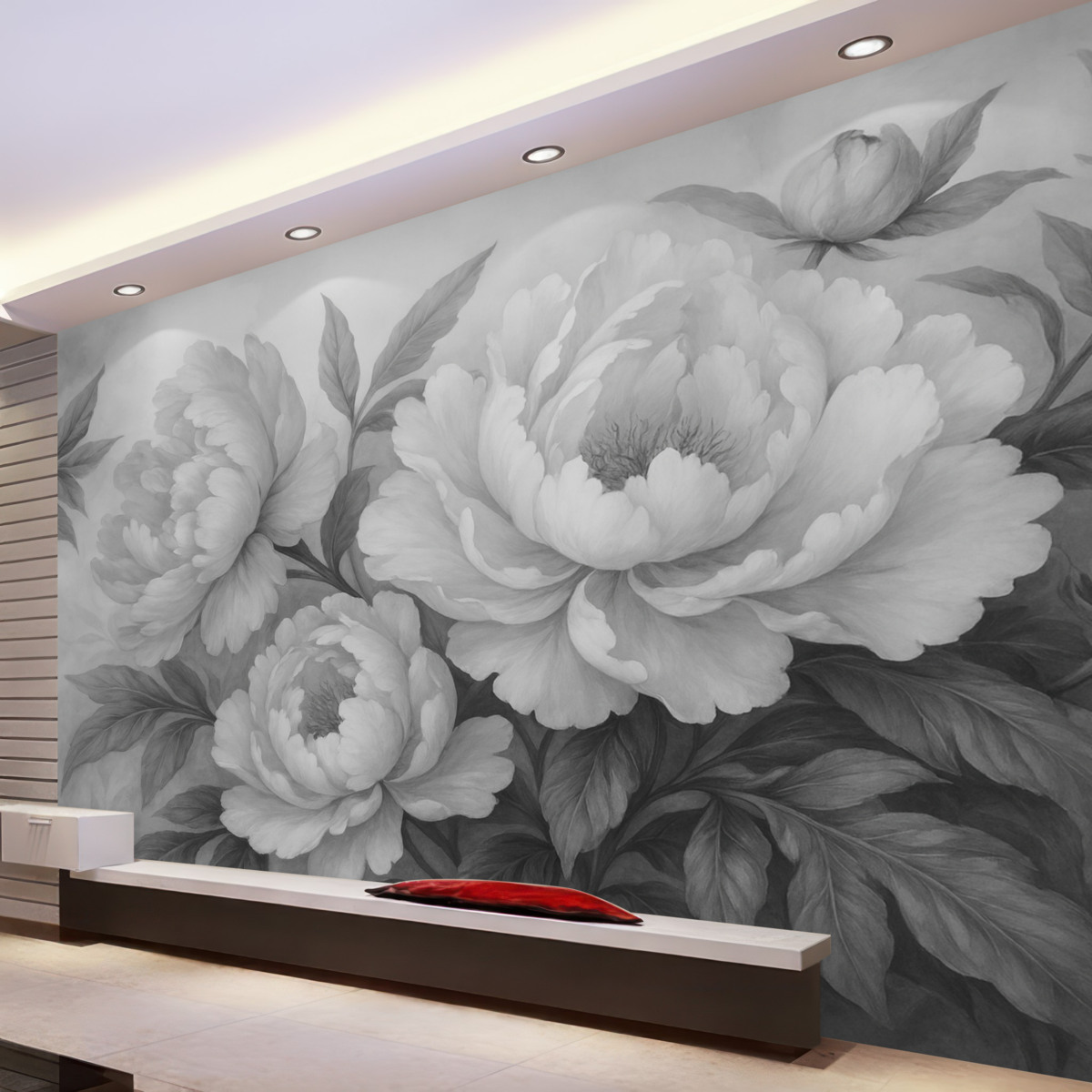 Fototapeta Luksusowe piwonie w tonacjach szarości, z subtelnymi szczegółami płatków i liści, tworzą elegancką oraz spokojną aurę.