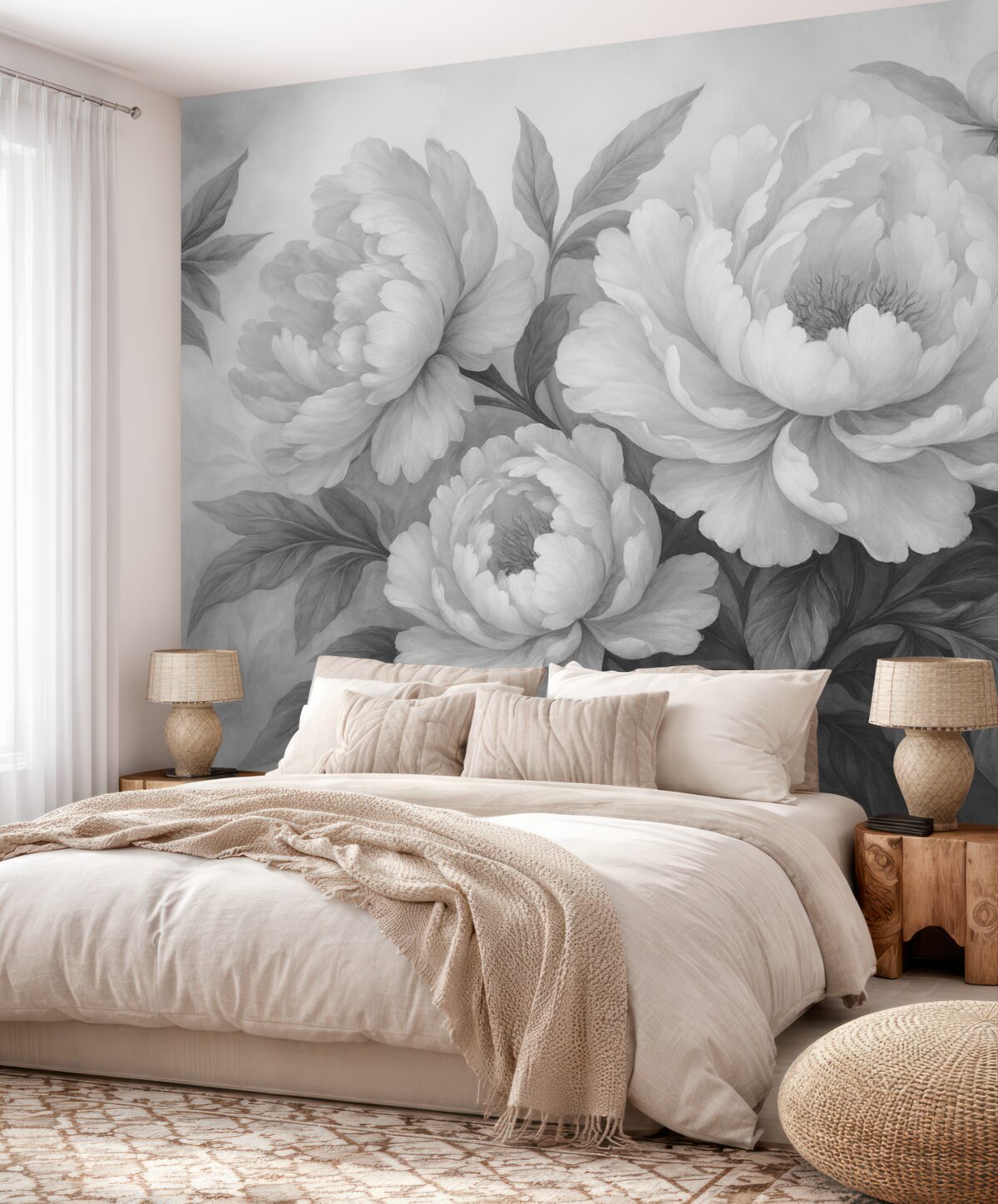 Fototapeta Luksusowe piwonie w tonacjach szarości, z subtelnymi szczegółami płatków i liści, tworzą elegancką oraz spokojną aurę.