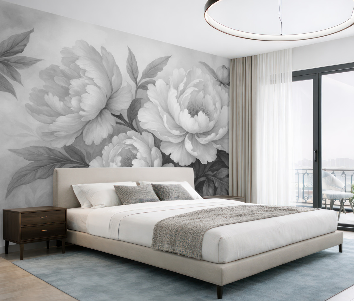 Fototapeta Luksusowe piwonie w tonacjach szarości, z subtelnymi szczegółami płatków i liści, tworzą elegancką oraz spokojną aurę.