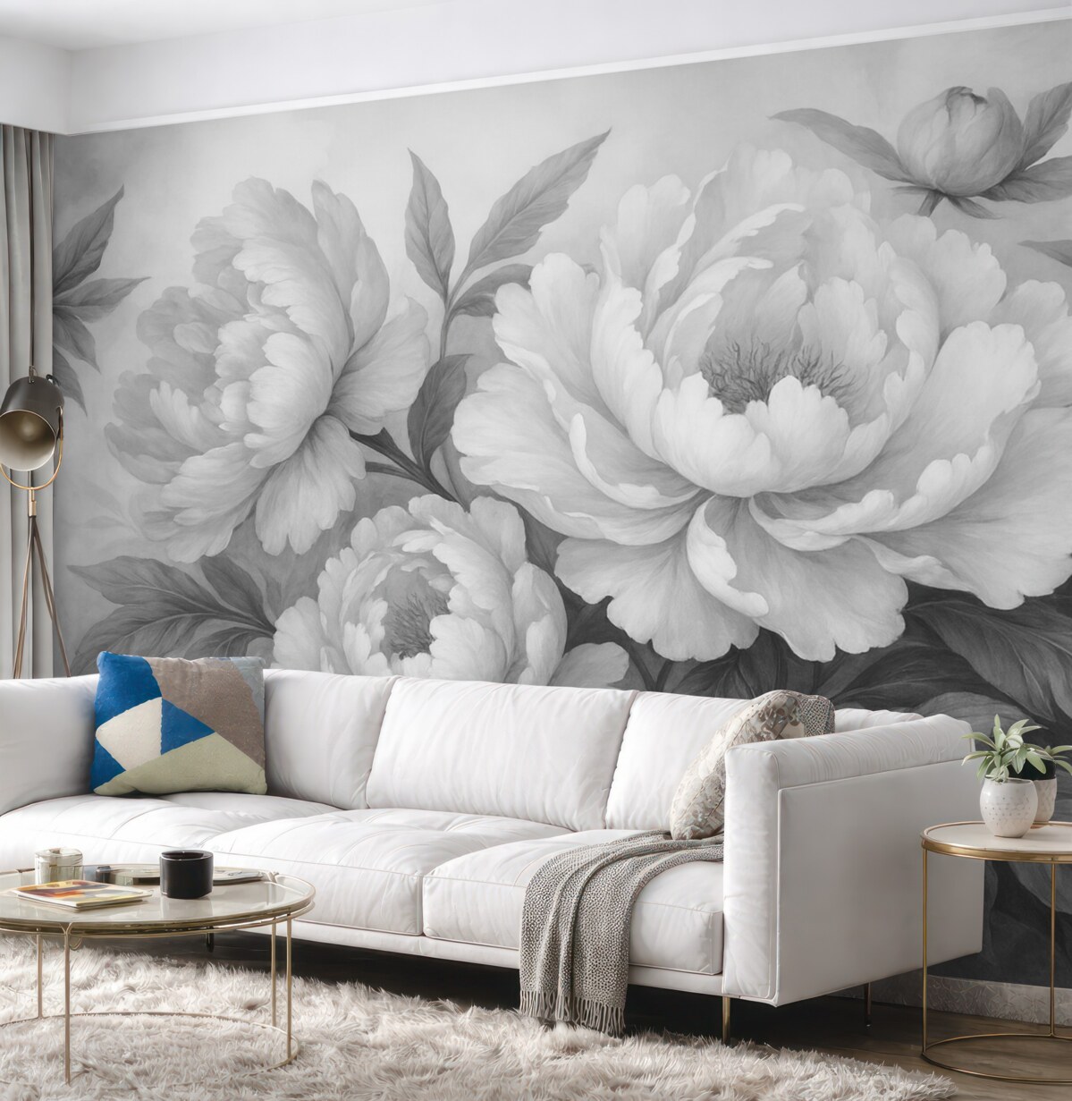 Fototapeta Luksusowe piwonie w tonacjach szarości, z subtelnymi szczegółami płatków i liści, tworzą elegancką oraz spokojną aurę.