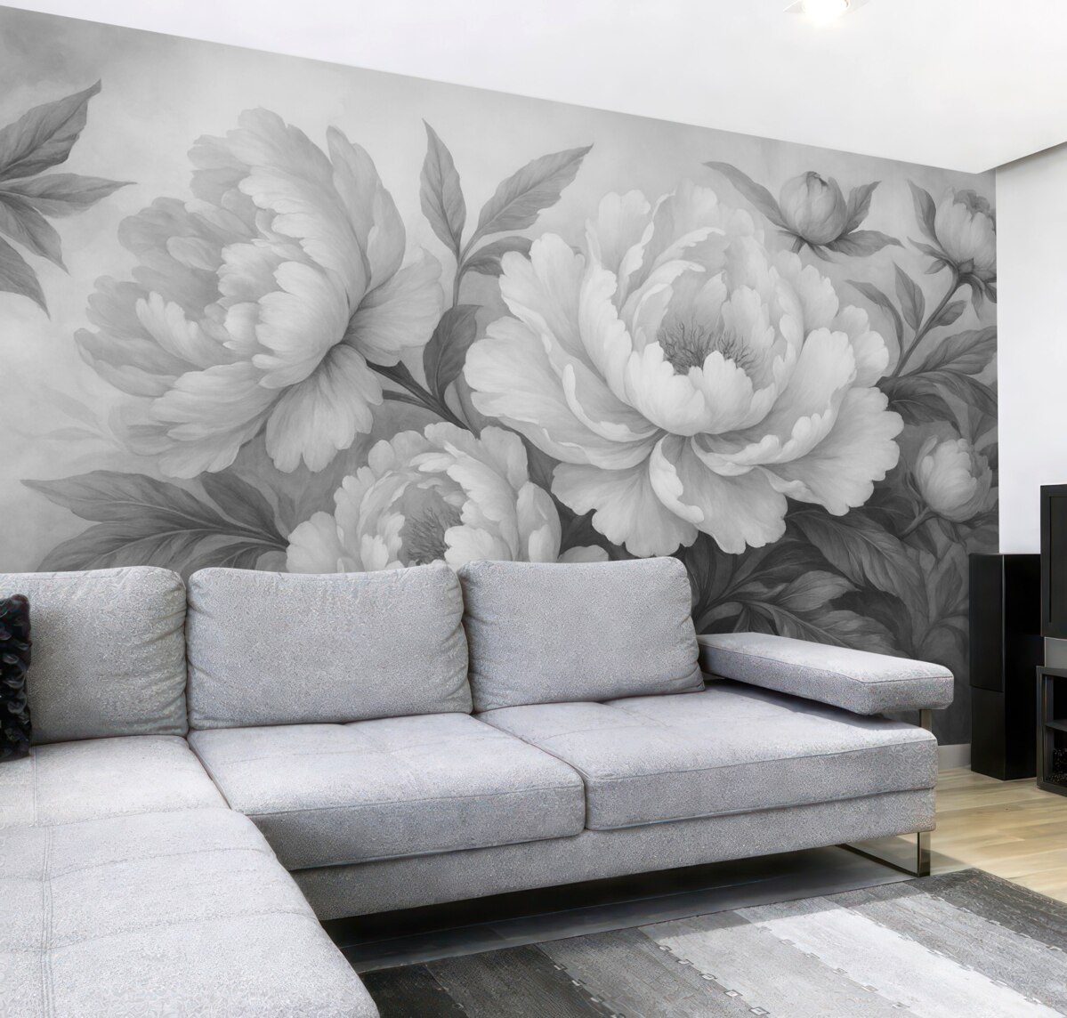 Fototapeta Luksusowe piwonie w tonacjach szarości, z subtelnymi szczegółami płatków i liści, tworzą elegancką oraz spokojną aurę.