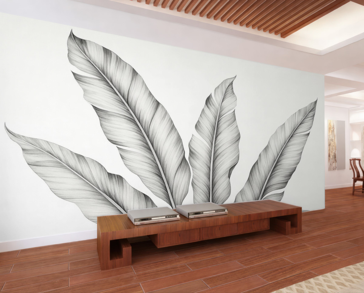 Fototapeta Ilustracja liści bananowca w odcieniach czerni i bieli.