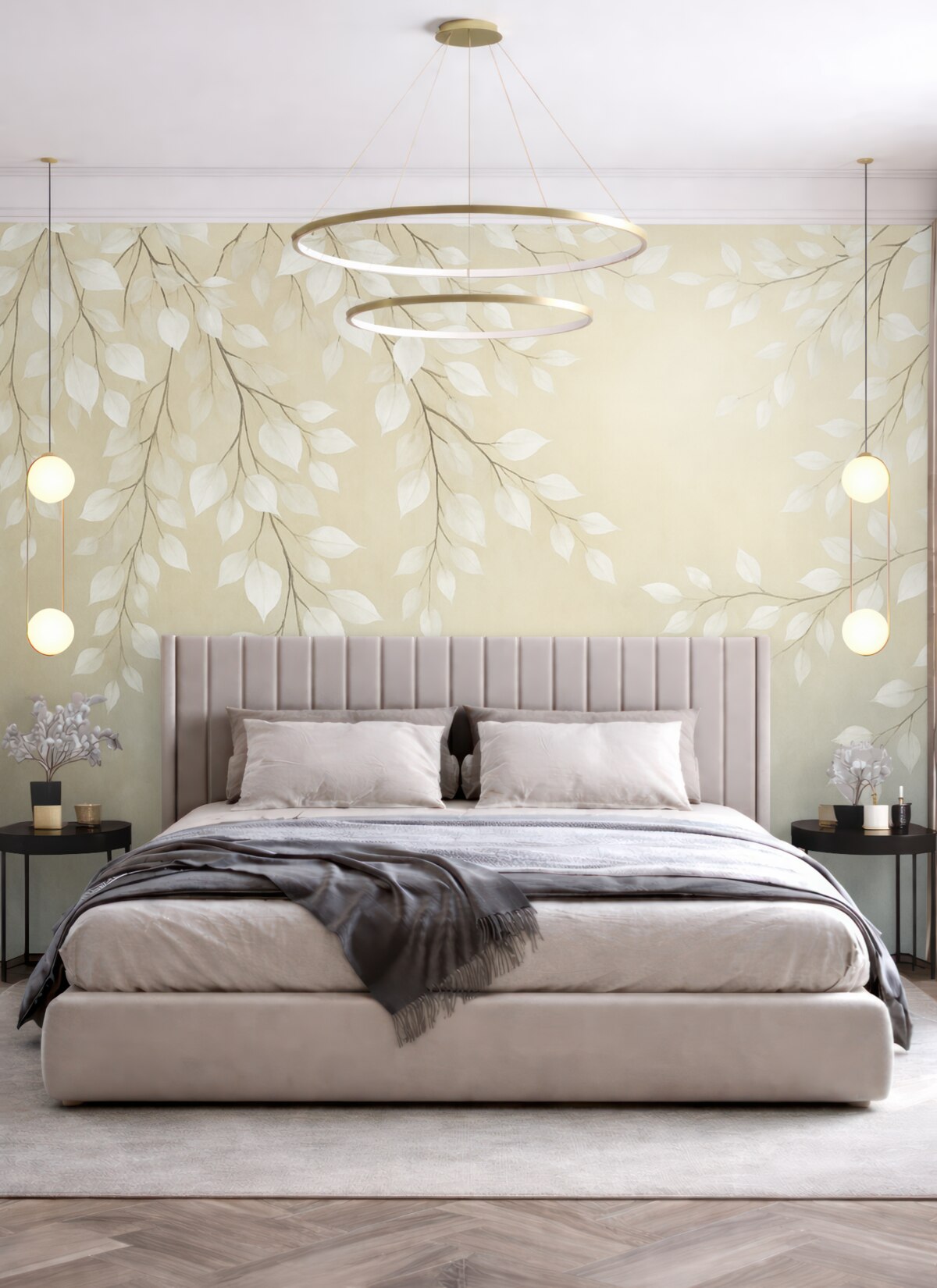 Fototapeta Cienkie gałązki z jasnymi liśćmi opadającymi w dół.