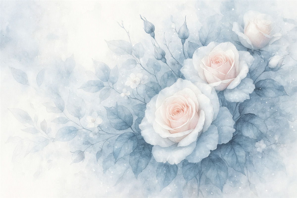 Fototapeta Subtelne brzoskwiniowe róże w tonacjach turkusu w stylu akwarelowym.
