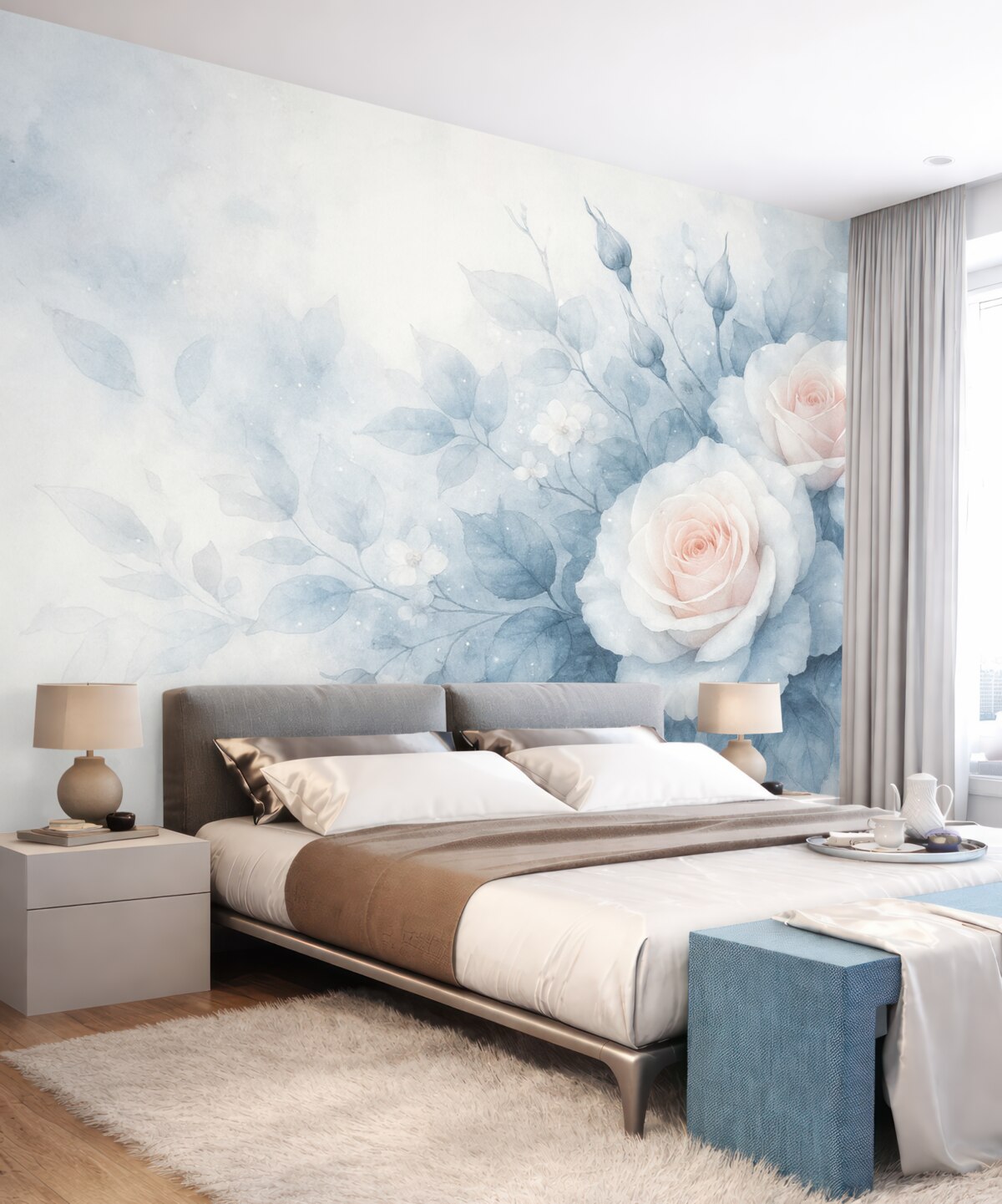 Fototapeta Subtelne brzoskwiniowe róże w tonacjach turkusu w stylu akwarelowym.