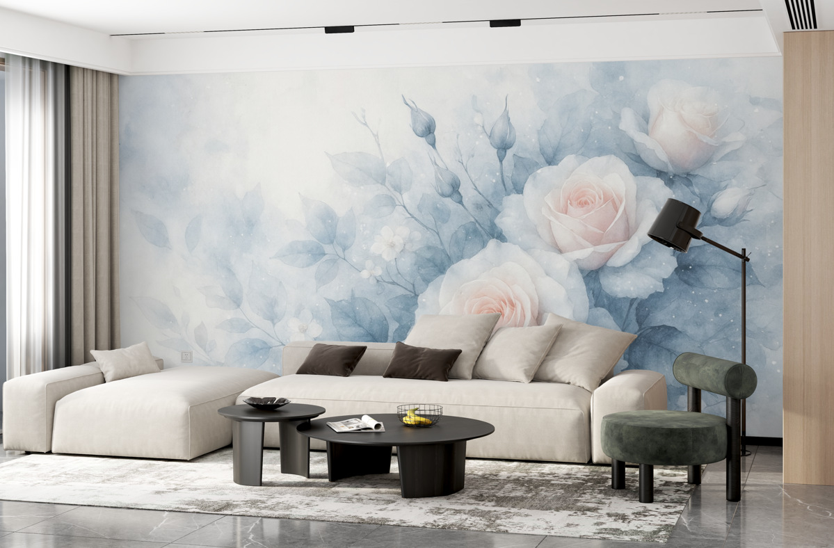 Fototapeta Subtelne brzoskwiniowe róże w tonacjach turkusu w stylu akwarelowym.