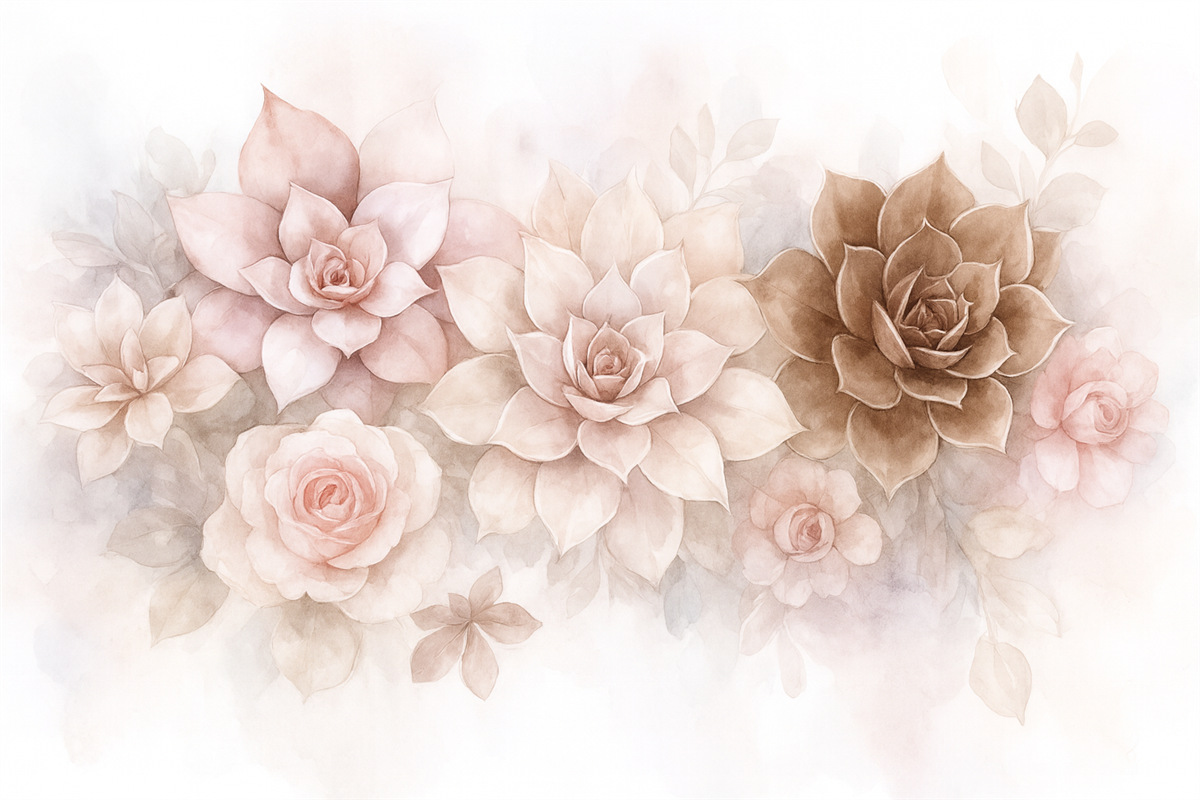 Fototapeta Subtelne, soczyste sukulenty oraz kwiatowe motywy w stylu akwareli w ciepłych odcieniach.