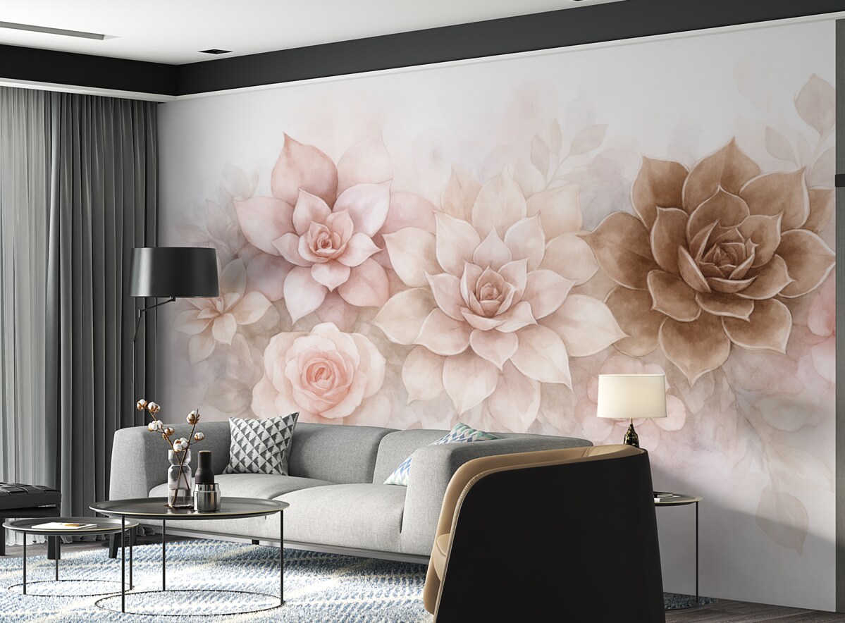 Fototapeta Subtelne, soczyste sukulenty oraz kwiatowe motywy w stylu akwareli w ciepłych odcieniach.