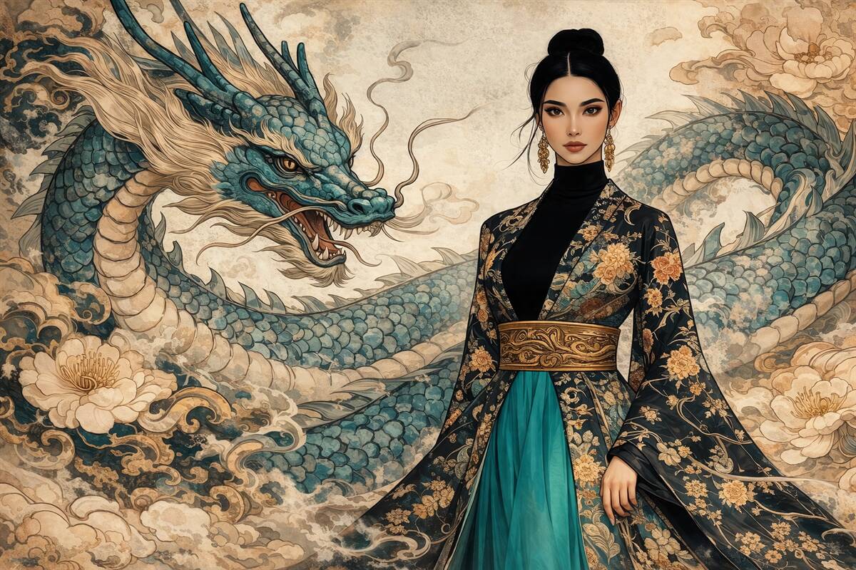 Fototapeta Kobieta w stroju ze smokiem, w stylu orientalnym.