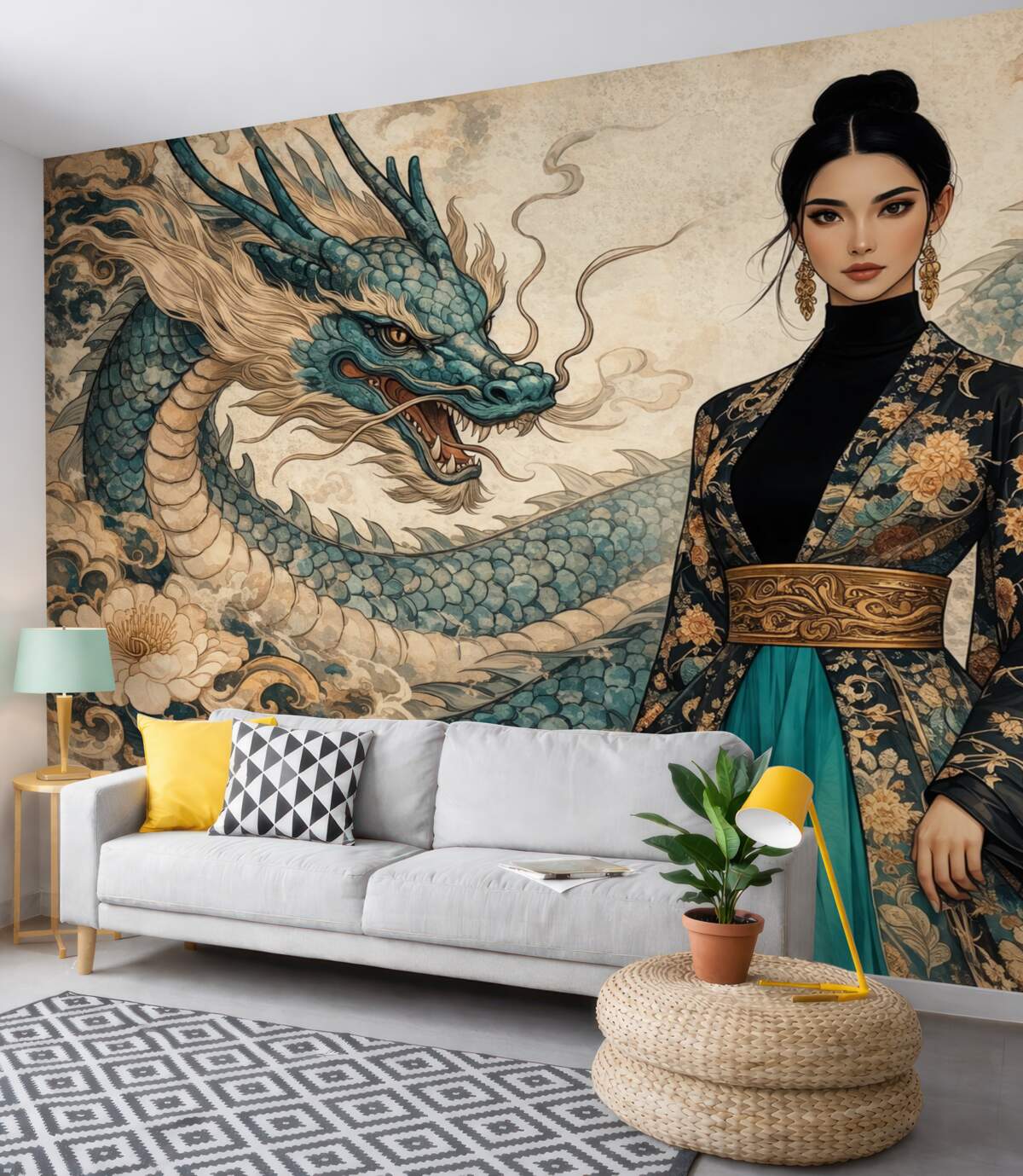 Fototapeta Kobieta w stroju ze smokiem, w stylu orientalnym.