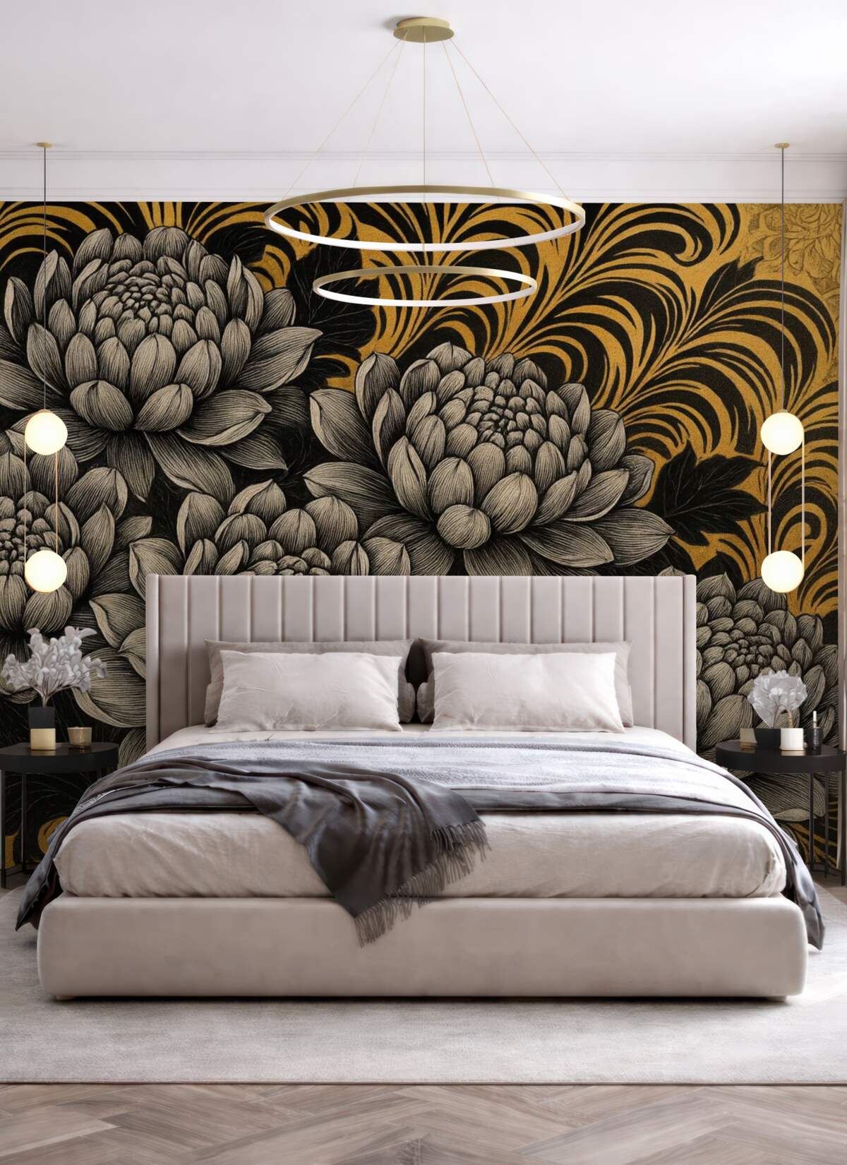 Fototapeta Kwitnące piwonie w formie graficznej na żółtym wzorowanym tle.