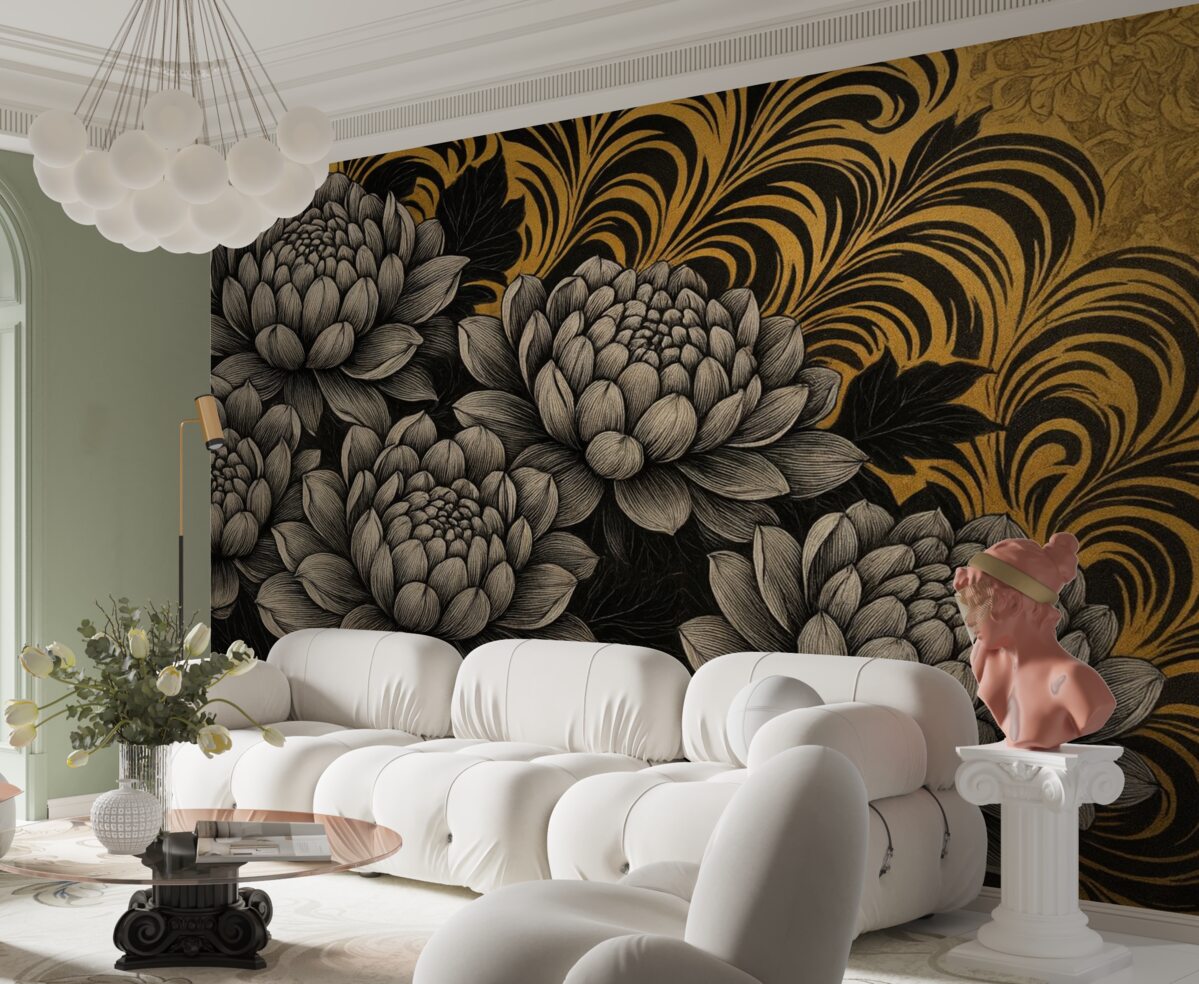 Fototapeta Kwitnące piwonie w formie graficznej na żółtym wzorowanym tle.