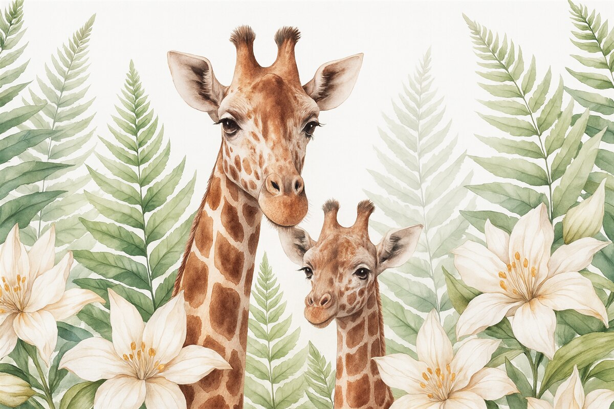 Fototapeta Żyrafy w liściach fernów imitacja akwareli.