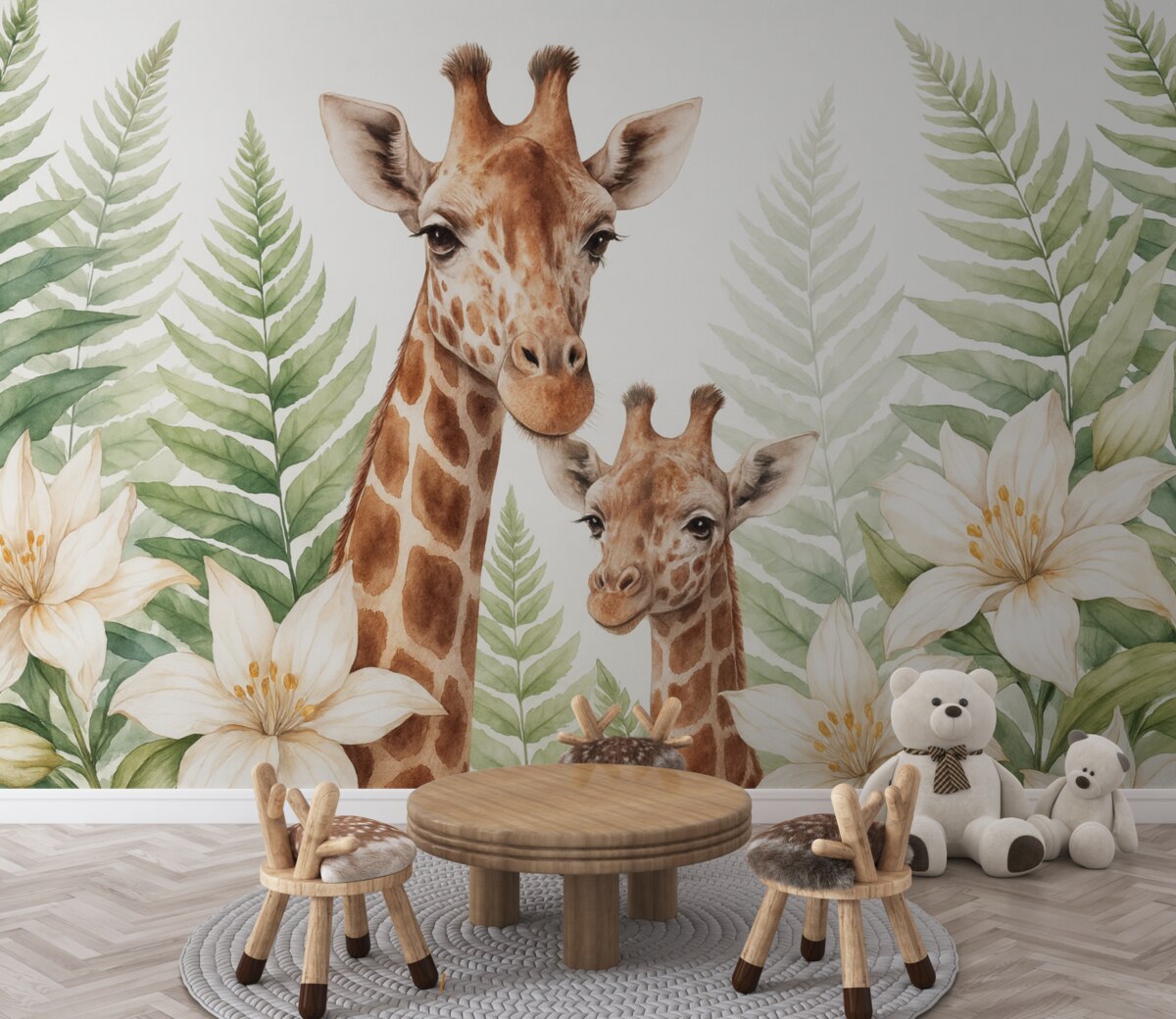 Fototapeta Żyrafy w liściach fernów imitacja akwareli.