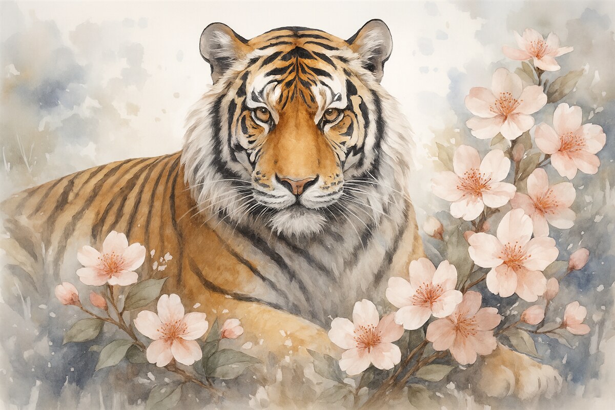 Fototapeta Abstrakcyjny tygrys w roślinności przypominający akwarelę.