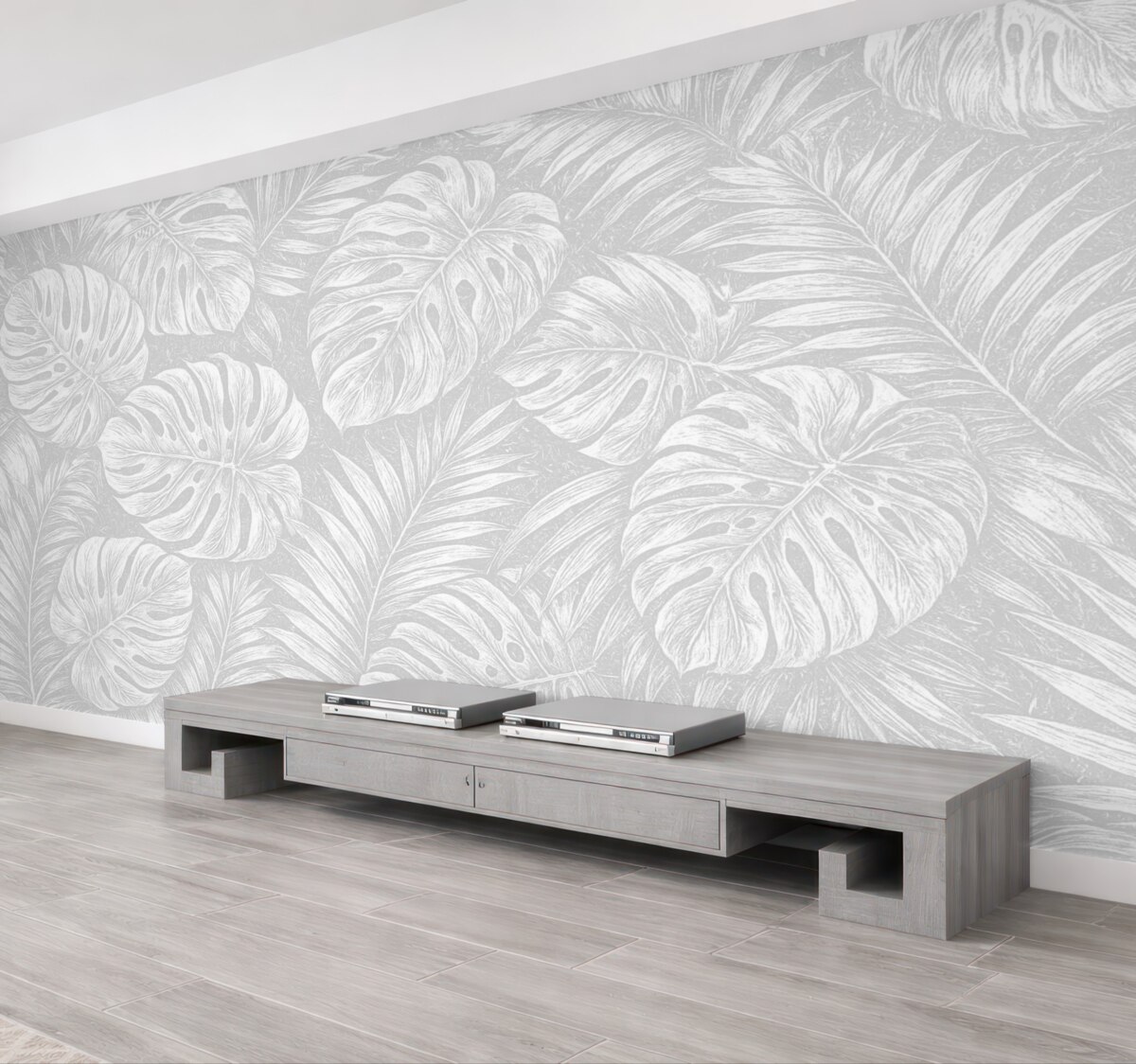 Fototapeta Białe kontury liści na wzorzystym tle.