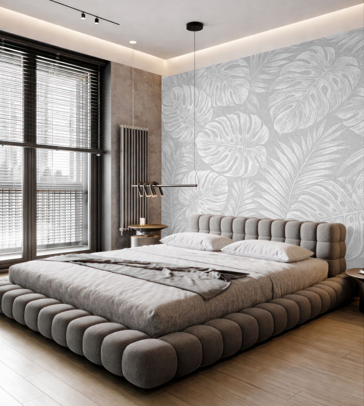 Fototapeta Białe kontury liści na wzorzystym tle.