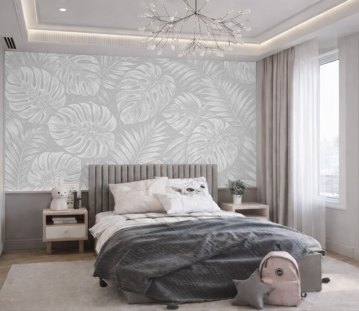 Fototapeta Białe kontury liści na wzorzystym tle.