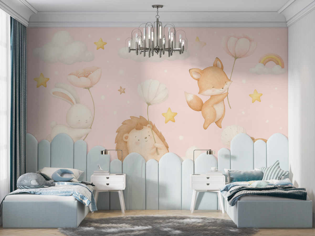 Fototapeta Zwierzęta z roślinami na różowym tle.