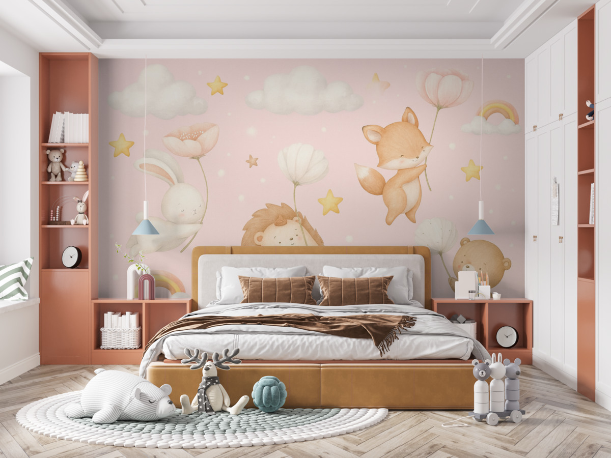 Fototapeta Zwierzęta z roślinami na różowym tle.