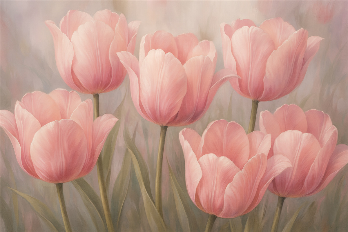 Fototapeta Subtelne różowe tulipany na jasnym, zamglonym tle.