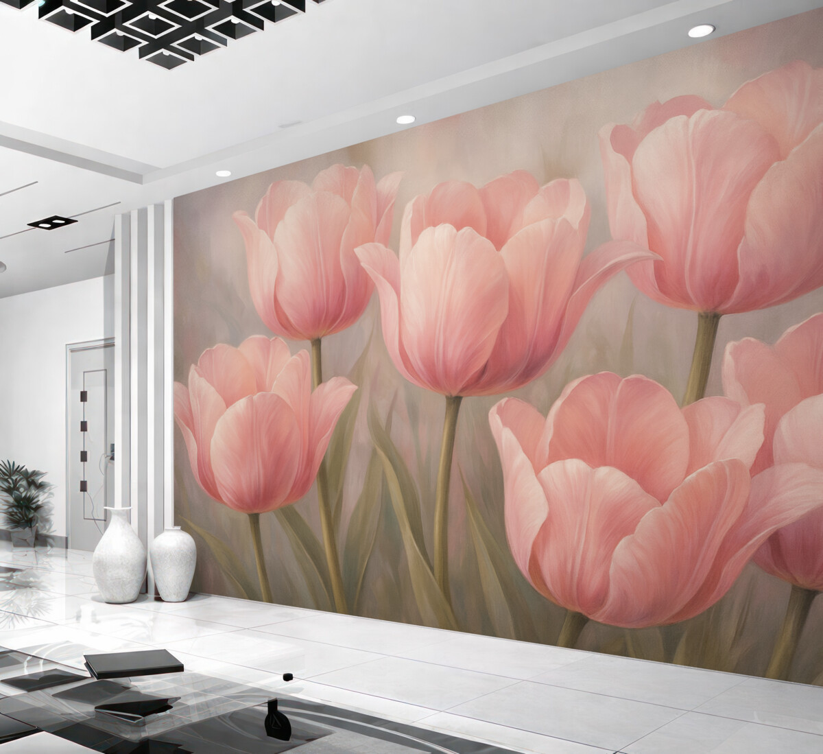 Fototapeta Subtelne różowe tulipany na jasnym, zamglonym tle.