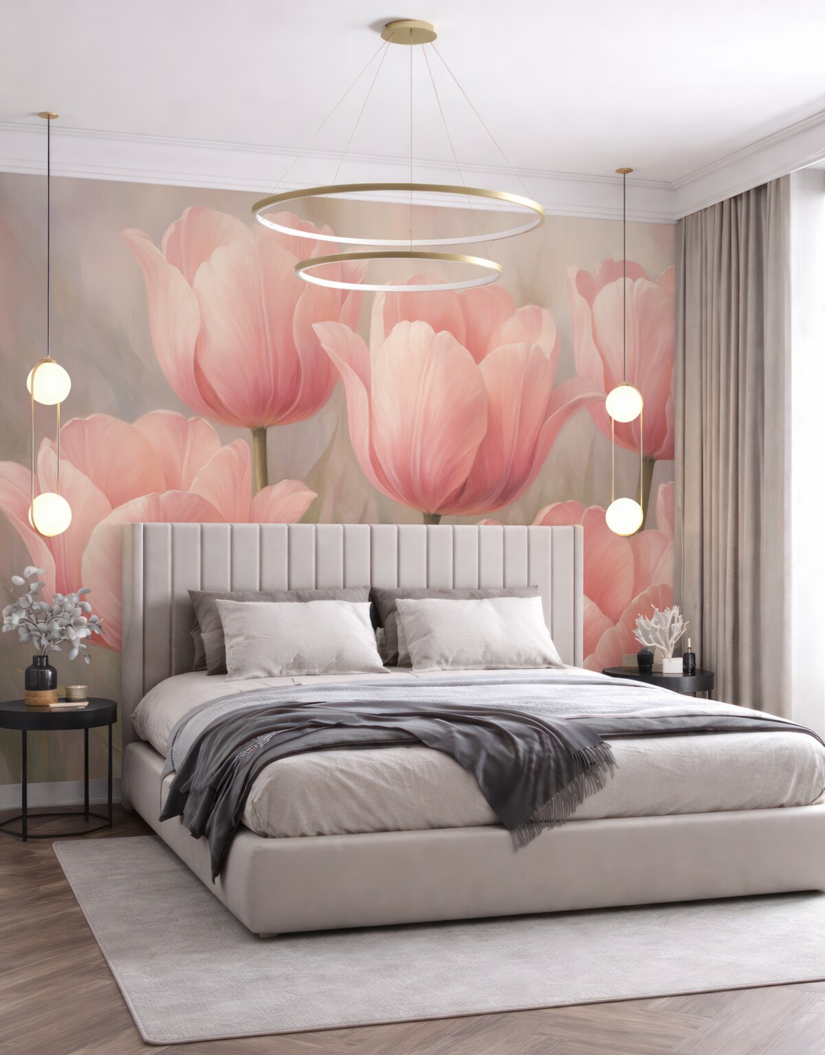 Fototapeta Subtelne różowe tulipany na jasnym, zamglonym tle.