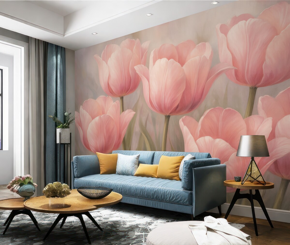 Fototapeta Subtelne różowe tulipany na jasnym, zamglonym tle.