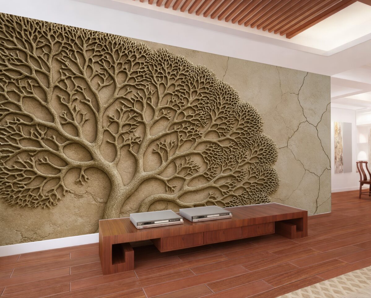 Fototapeta Tapeta o reliefowym wzorze z drewnem i szczelinami.