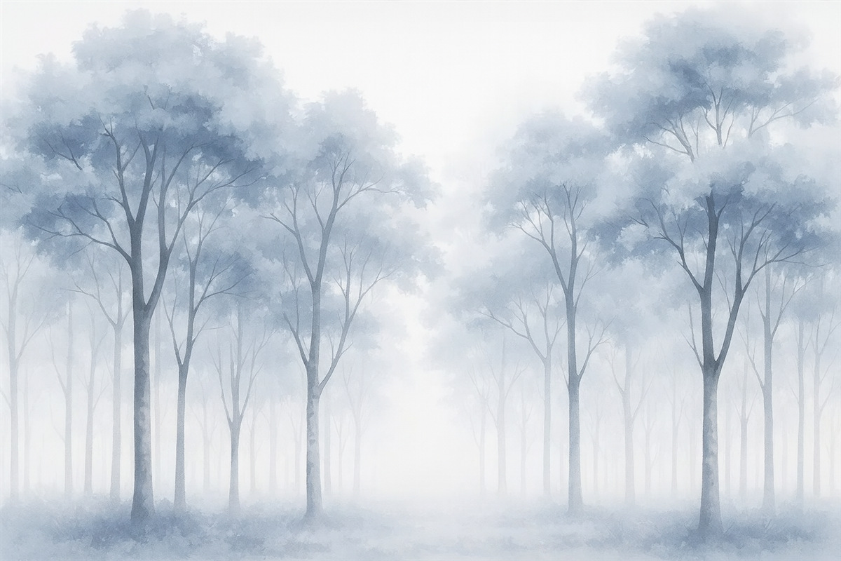 Fototapeta Sylwetki drzew przypominają mokrą akwarelę.