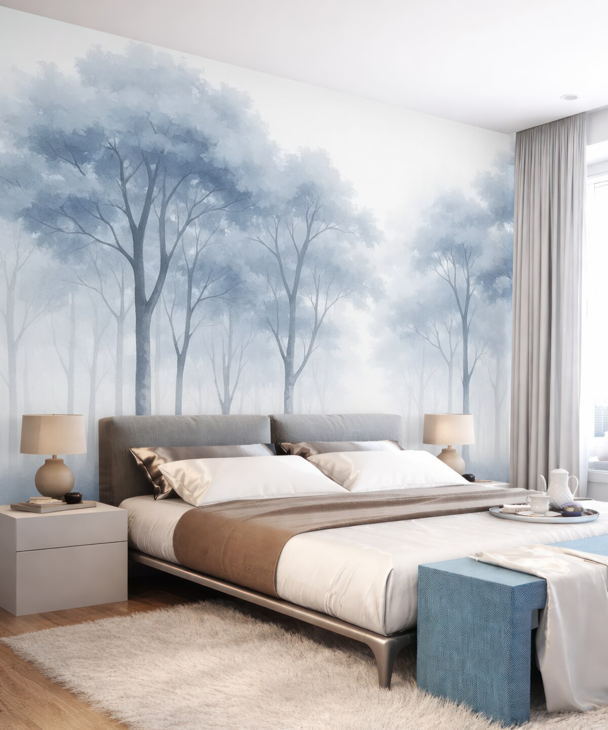 Fototapeta Sylwetki drzew przypominają mokrą akwarelę.