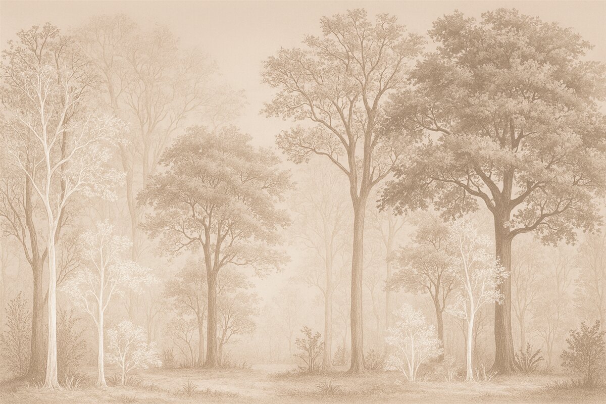 Fototapeta Lasy pełne drzew, prostota, środowisko, beżowe odcienie.