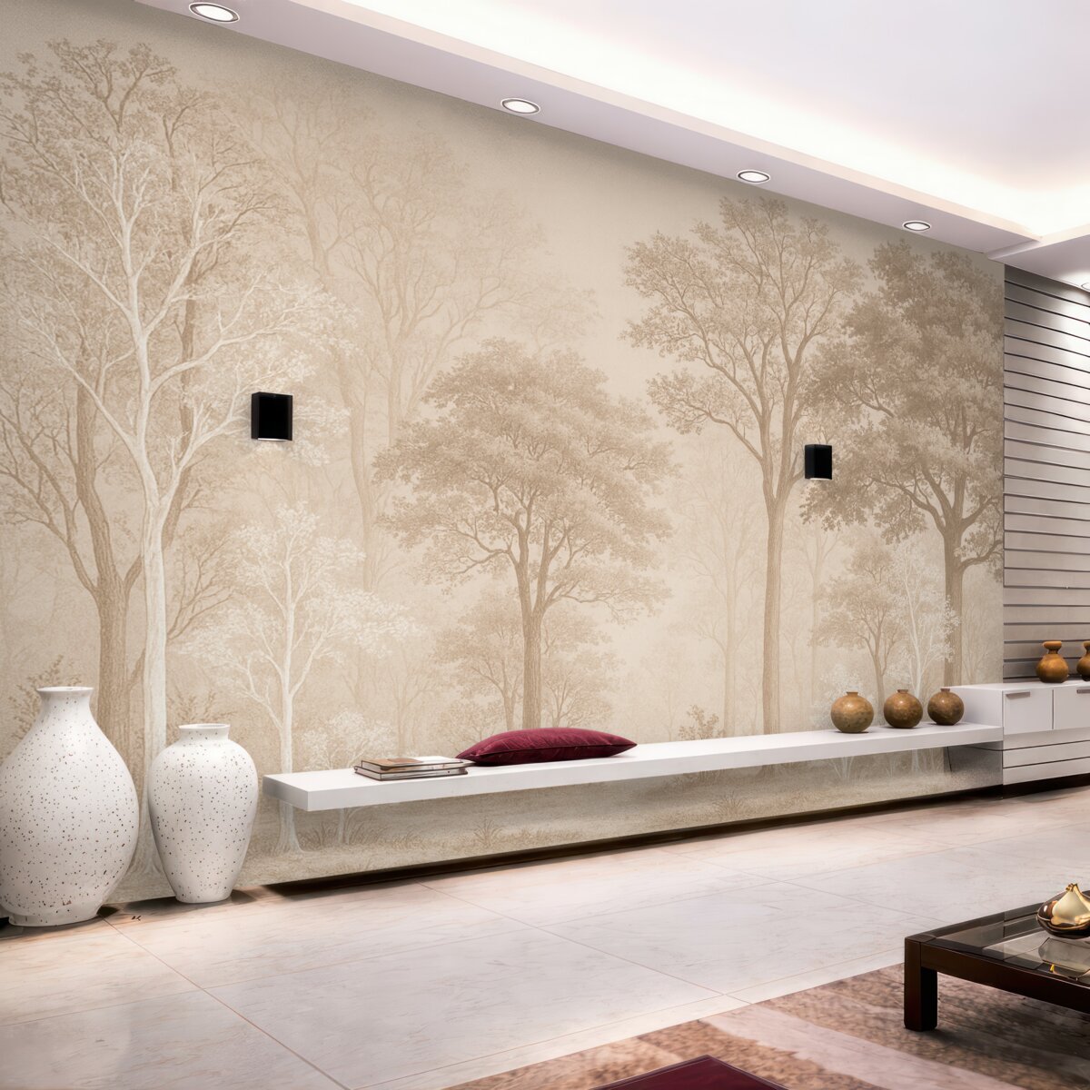 Fototapeta Lasy pełne drzew, prostota, środowisko, beżowe odcienie.