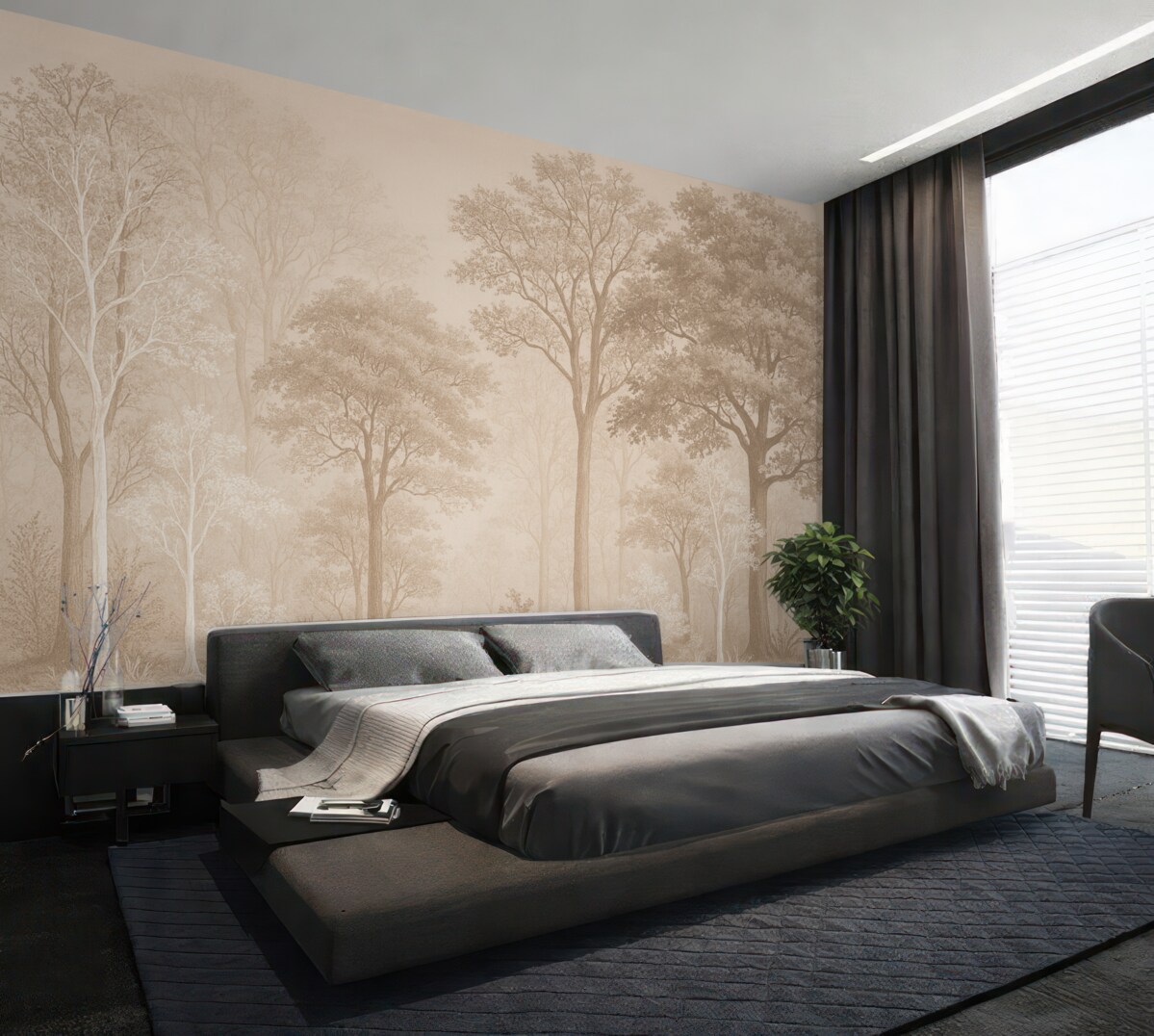 Fototapeta Lasy pełne drzew, prostota, środowisko, beżowe odcienie.