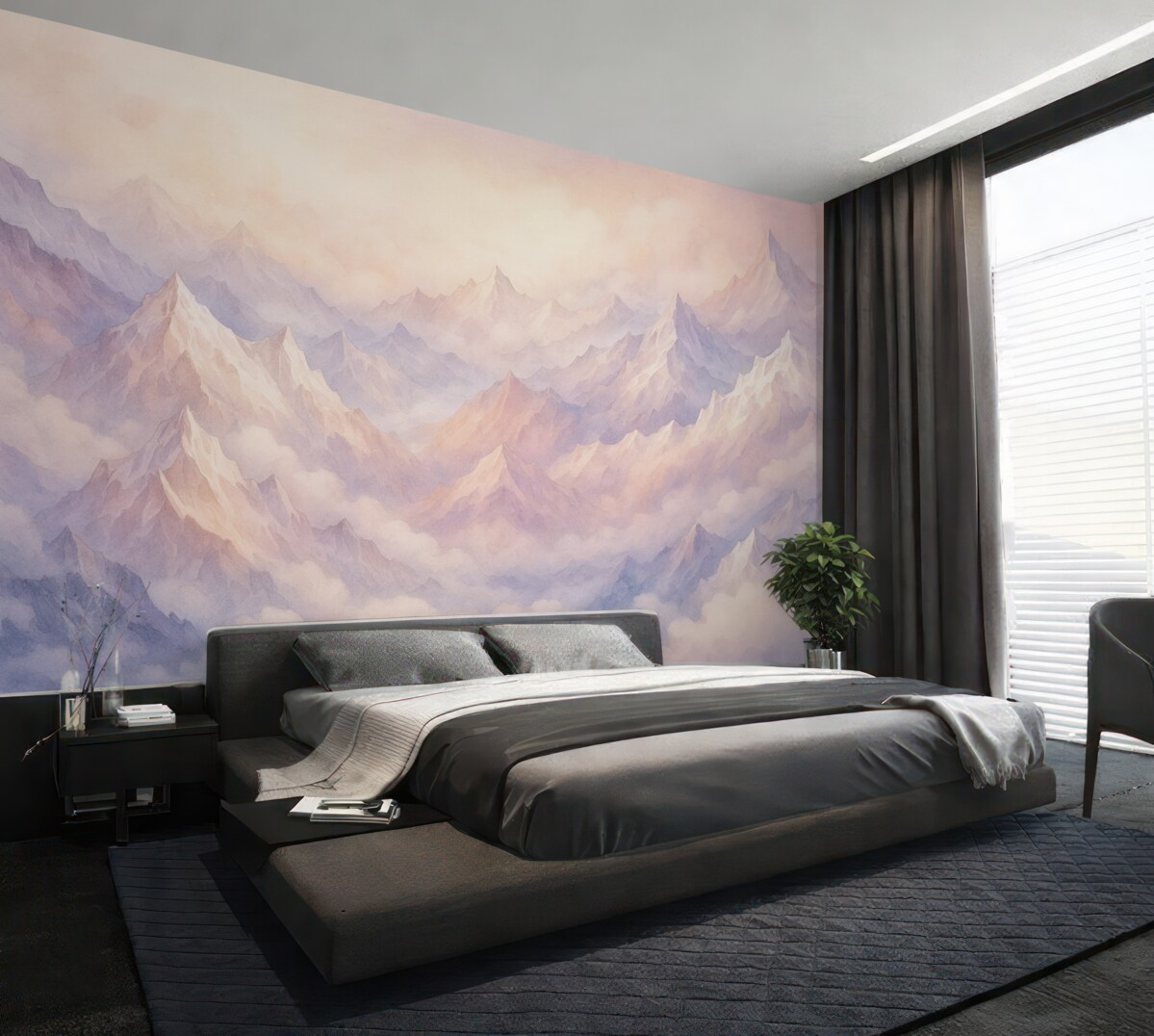 Fototapeta Eteryczne szczyty z chmurami, w stylu akwareli, subtelne fioletowe i różowe odcienie.