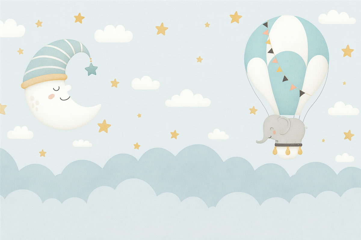 Fototapeta Słoń na balonie w niebieskich chmurach.