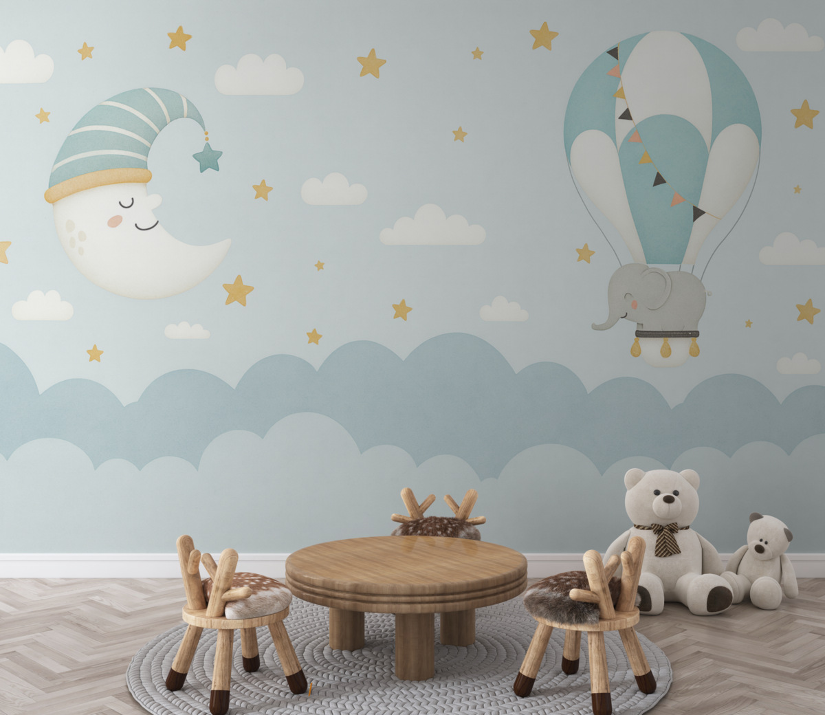 Fototapeta Słoń na balonie w niebieskich chmurach.