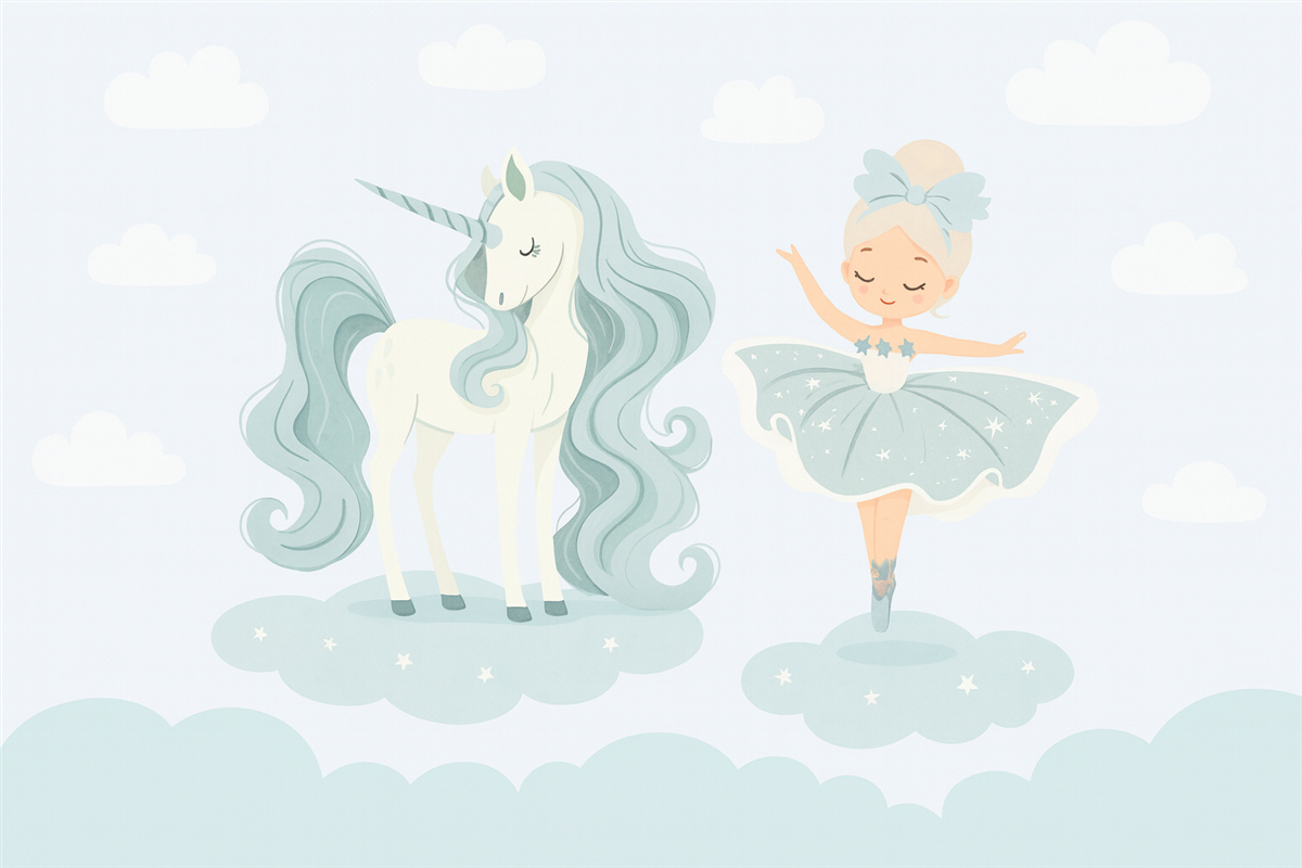 Fototapeta Jednorożec i tancerka baletowa w turkusowych odcieniach.