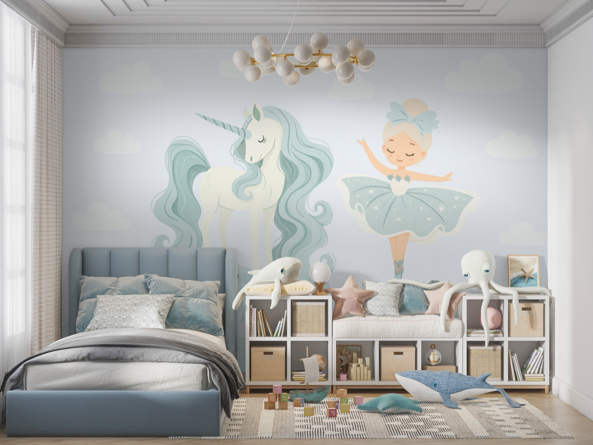 Fototapeta Jednorożec i tancerka baletowa w turkusowych odcieniach.