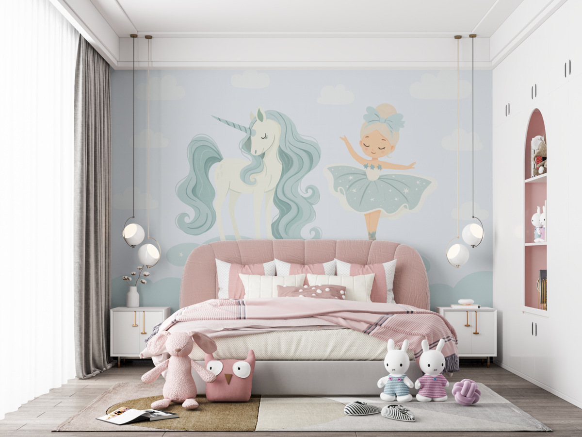 Fototapeta Jednorożec i tancerka baletowa w turkusowych odcieniach.