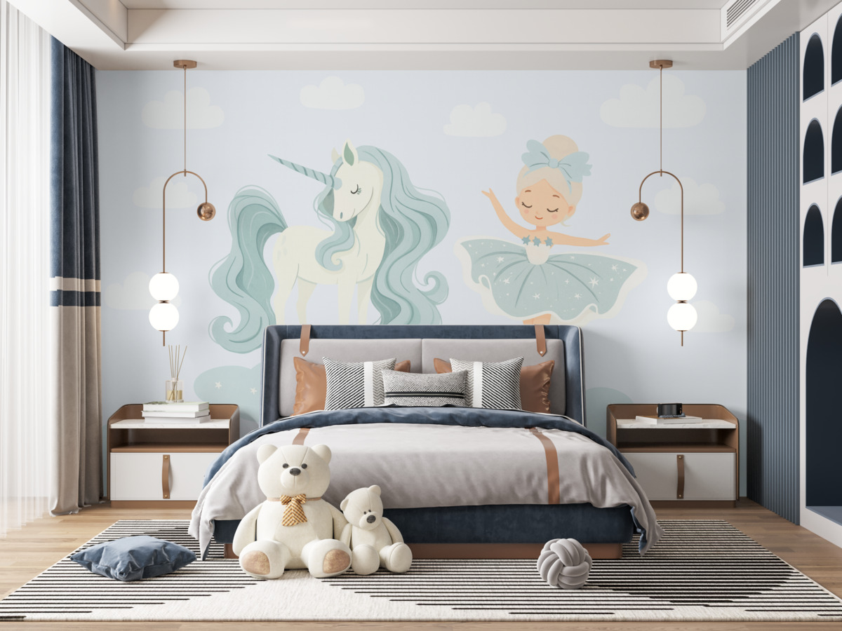 Fototapeta Jednorożec i tancerka baletowa w turkusowych odcieniach.