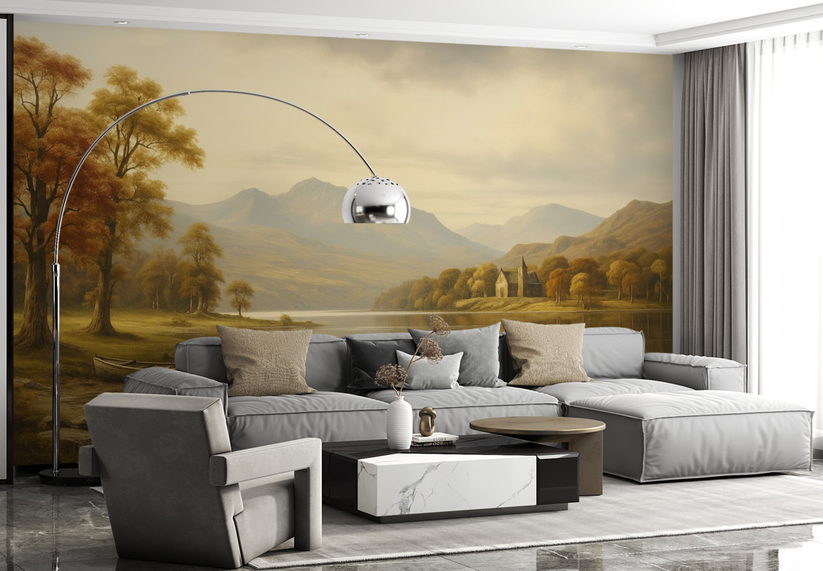 Fototapeta Pejzaż w akwareli stworzony w ciepłych odcieniach.