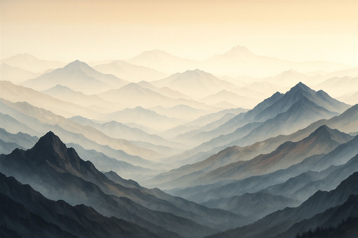 Fototapeta Zamglony pejzaż z górami.